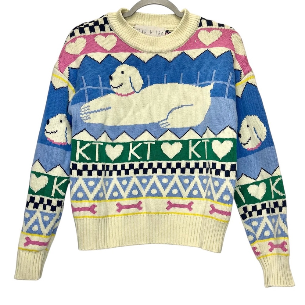 Kina & Tam Dog Tales Crewneck Sweater Women’s Medium Playful Graphic Design - Picture 3 of 8